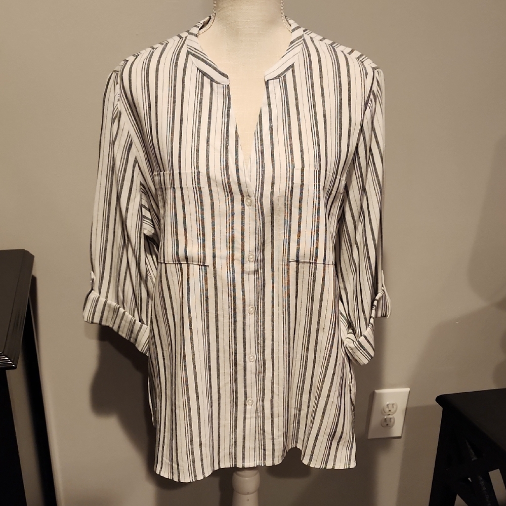 Nine West Black and White Striped Linen/viscose Button-Down Shirt
